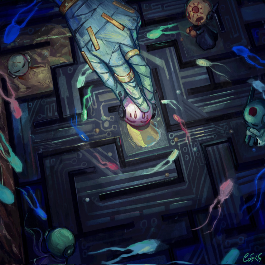 bandaged_hand, bandages, blue_skin, closed_eyes, cofkf, colored_skin, five_pebbles, from_above