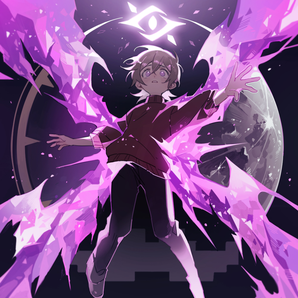 1boy, alternate_eye_color, animification, black_pants, brown_hair, crack, evolution_smp, floating