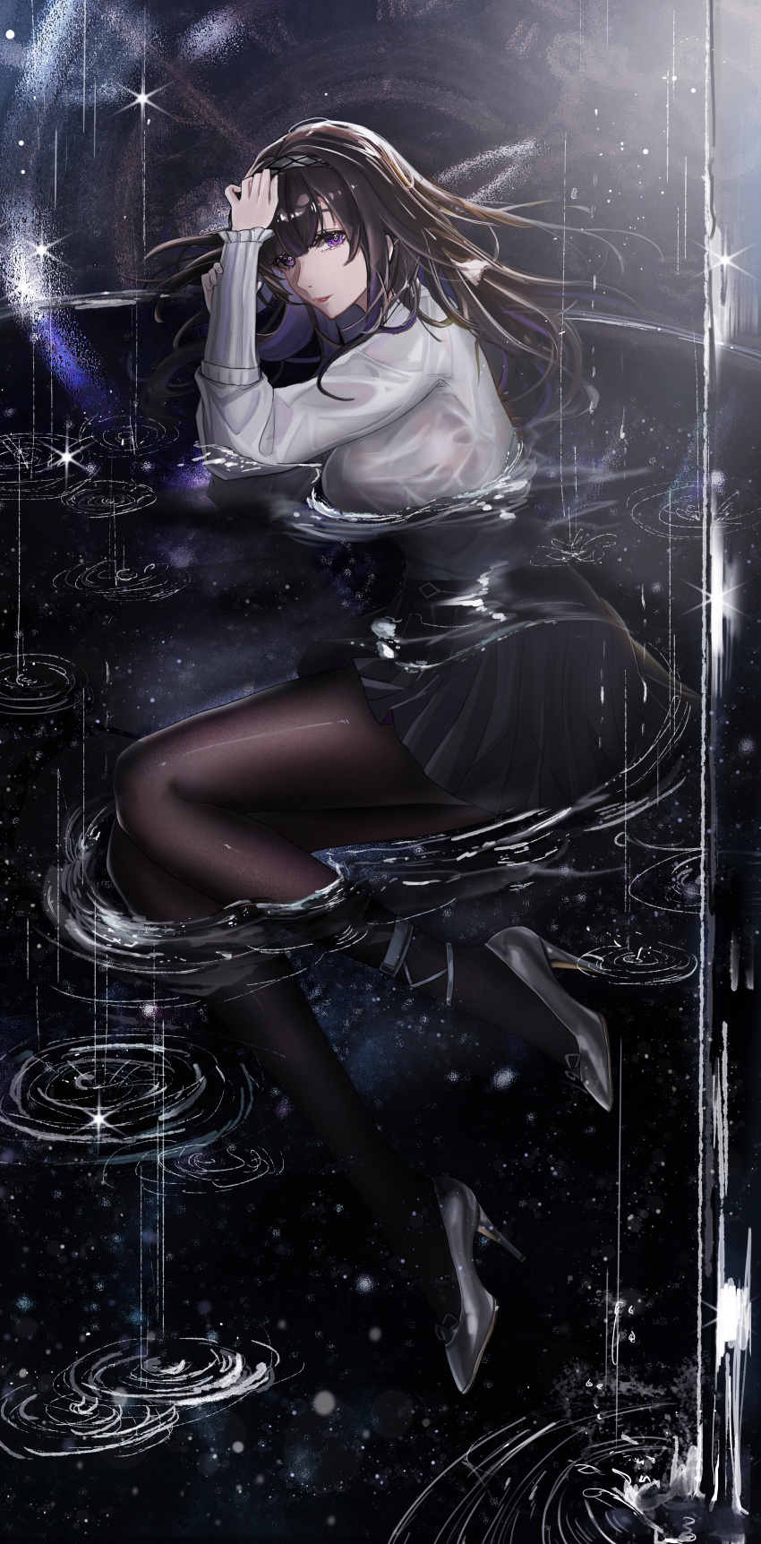 1girl, absurdres, arknights, black_hair, black_hairband, black_pantyhose, black_skirt, breasts
