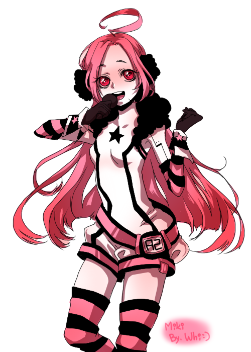 ahoge, earmuffs, gloves, headphones, long_hair, microphone, miki, miki_(vocaloid), pink_hair, red_eyes, sf-a2_miki, simple_background, smile, solo, striped, striped_legwear, striped_thighhighs, thigh-highs, thighhighs, vocaloid, whi