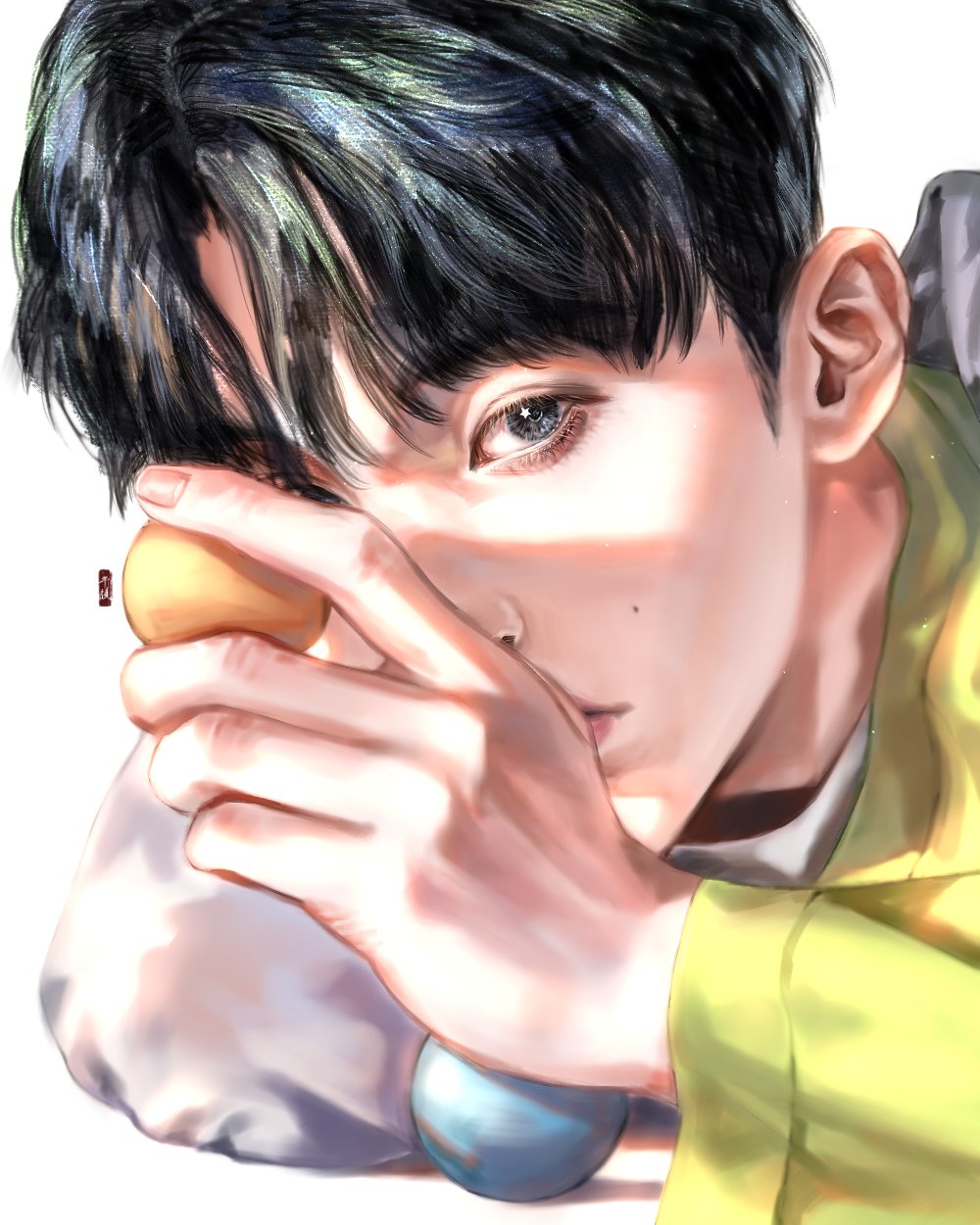 1boy, 5_hu, black_hair, closed_mouth, commentary_request, highres, holding, k-pop