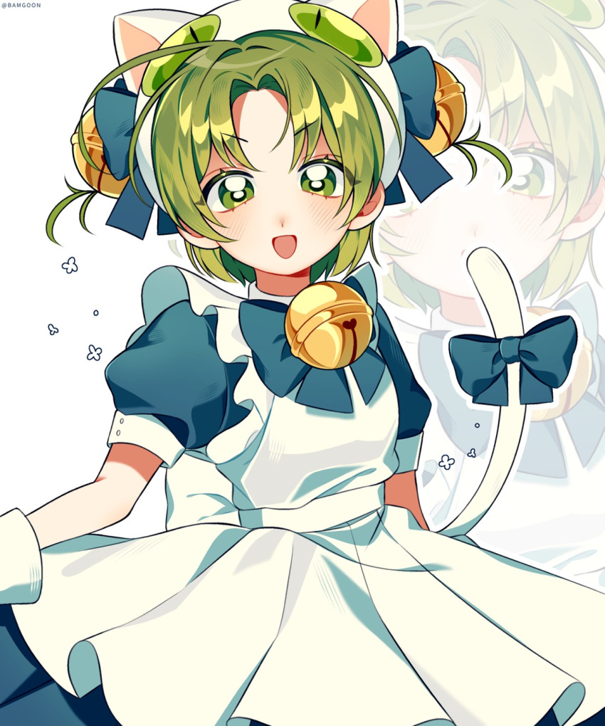 1girl, animal_ears, animal_hat, apron, back_bow, bamg00n, bell, beret, blue_bow, blue_bowtie, blue_dress, bow, bowtie, buttons, cat_ears, cat_girl, cat_hat, collared_dress, commentary_request, cowboy_shot, dejiko, di_gi_charat, dot_nose, dress, ears_through_headwear, eyelashes, flower, frilled_apron, frills, gloves, green_eyes, green_hair, hair_bell, hair_bow, hair_ornament, happy, hat, highres, korean_commentary, light_blush, long_dress, looking_at_viewer, loose_hair_strand, magical_girl, neck_bell, open_mouth, outline, parted_bangs, pleated_dress, puffy_short_sleeves, puffy_sleeves, short_sleeves, smile, solo, standing, tail, tail_bow, tail_ornament, twitter_username, white_apron, white_background, white_bow, white_gloves, white_hat, white_outline, white_tail, zoom_layer