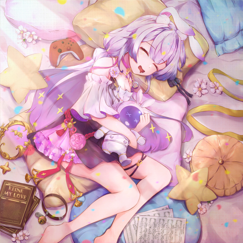1girl, :d, absurdres, alternate_costume, alternate_hairstyle, animal_ears, bare_shoulders, barefoot