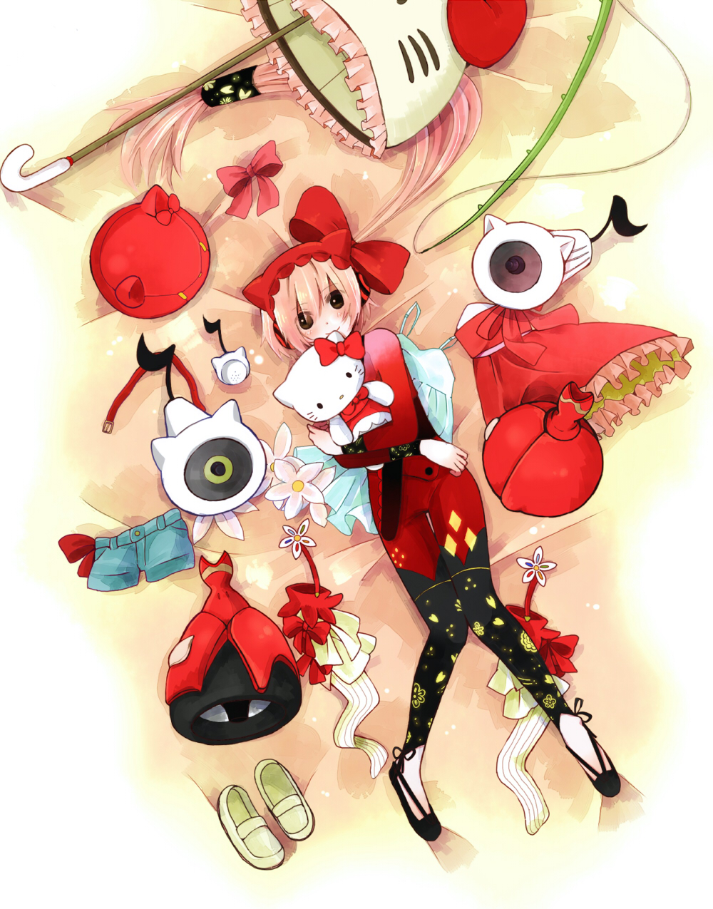 animal_hat, bonnet, bow, brown_eyes, cat_ears, cat_hat, fishing_rod, from_above