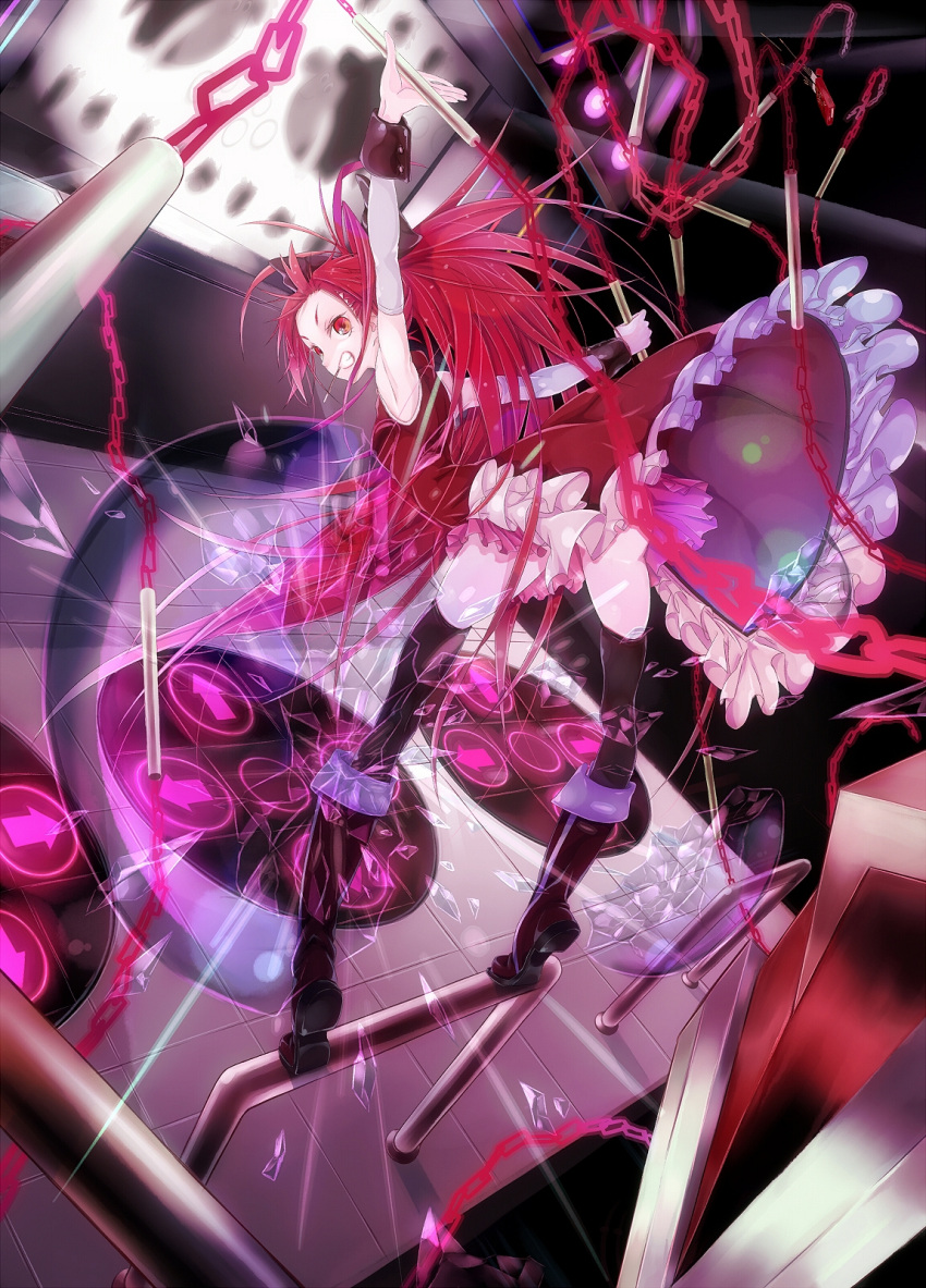 arcade, arcade_cabinet, ass, bare_shoulders, black_legwear, black_thighhighs, boots, broken_glass