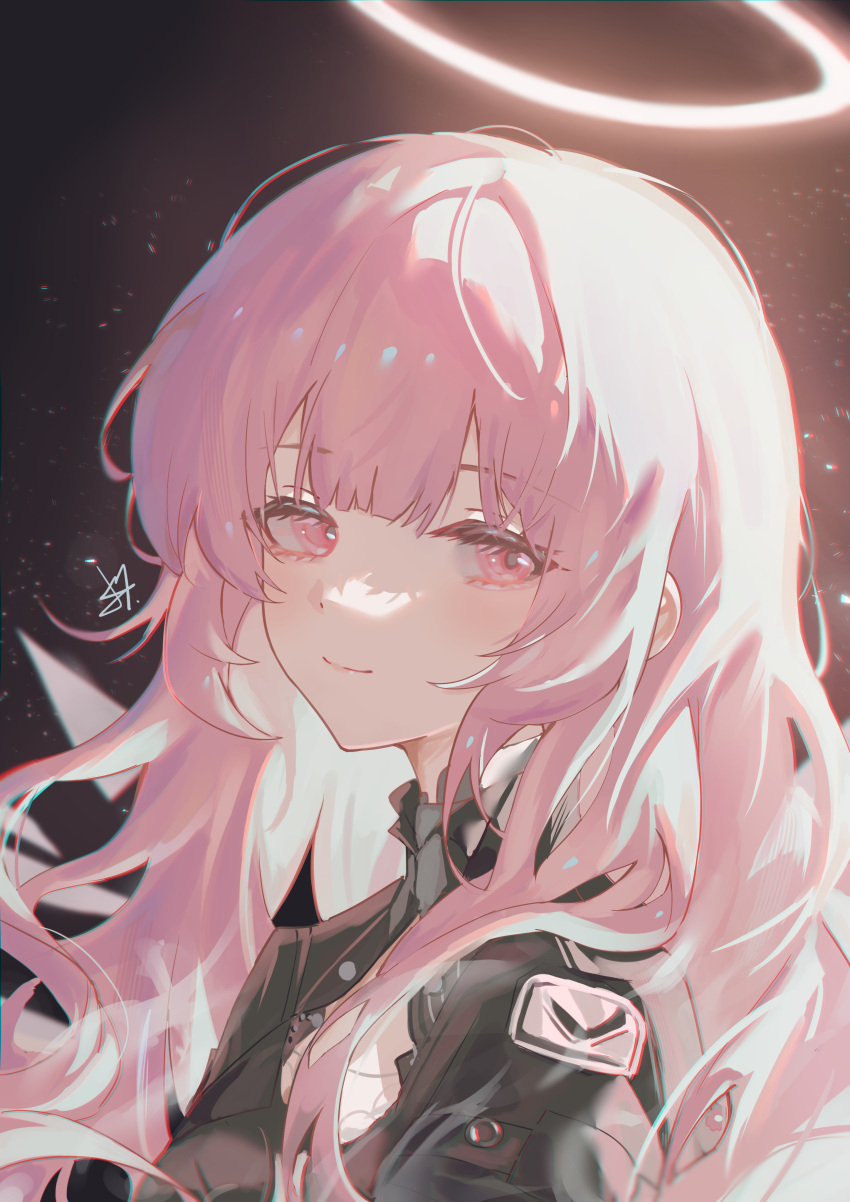 1girl, absurdres, arknights, black_jacket, blunt_bangs, closed_mouth, detached_wings, energy_wings