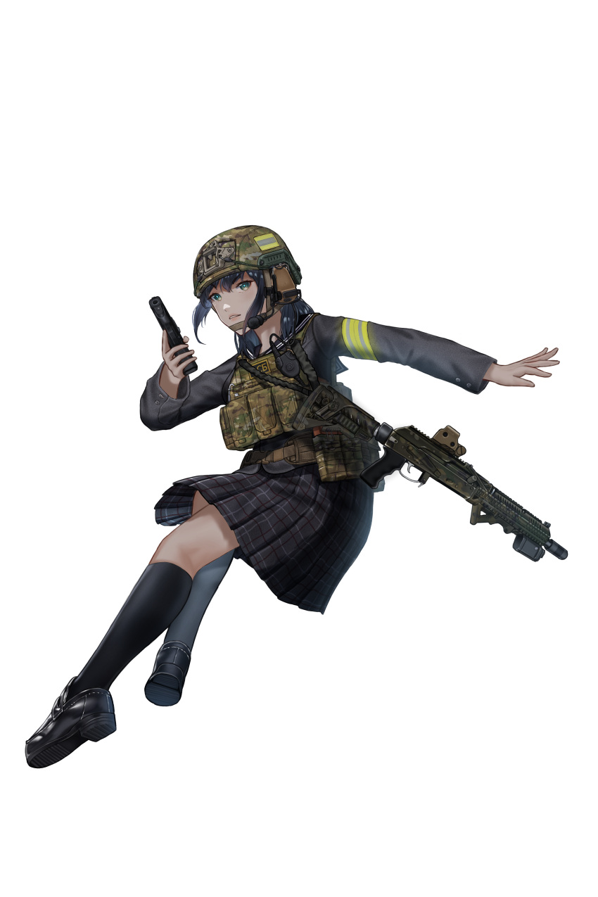 1girl, absurdres, armband, assault_rifle, black_hair, black_sailor_collar, black_serafuku, black_shoes