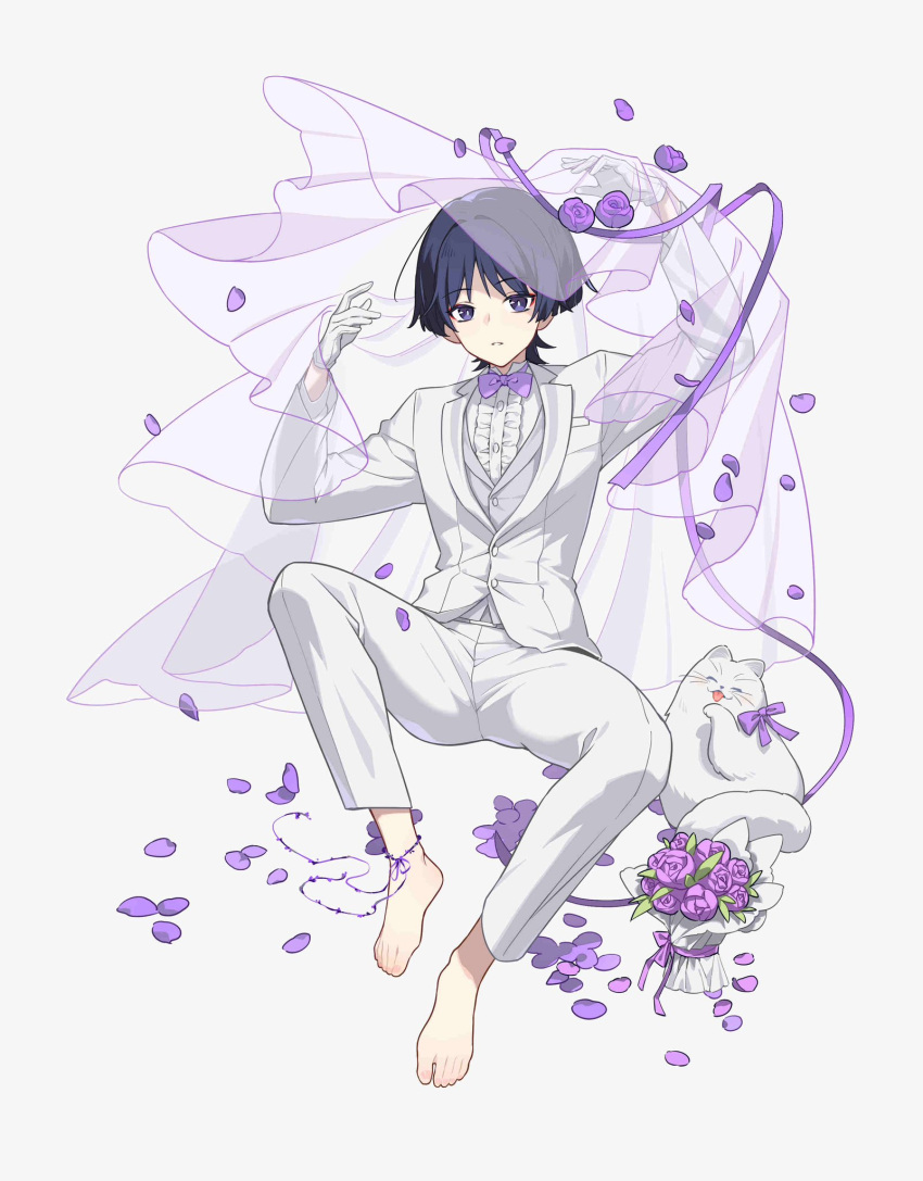 1boy, alternate_costume, arms_up, barefoot, bishounen, black_hair, blunt_ends, bouquet