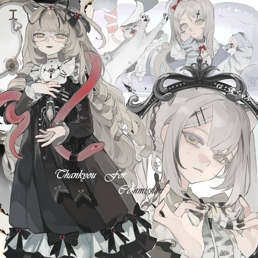 absurdres, black_dress, blonde_hair, curly_hair, dress, glasses, highres, original