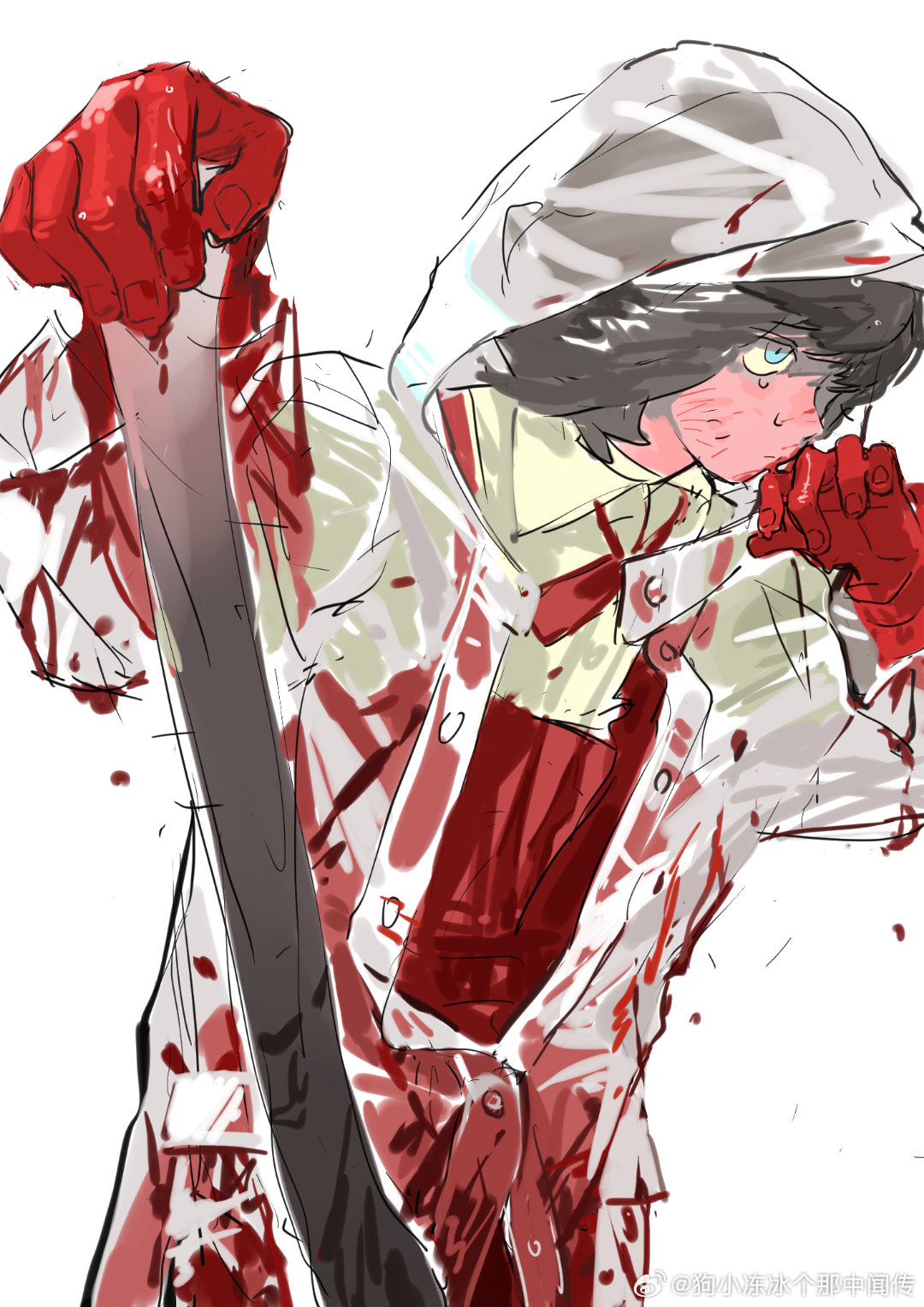 axe, blood, blood_on_clothes, blood_on_face, blue_eyes, brown_hair, gloves, highres