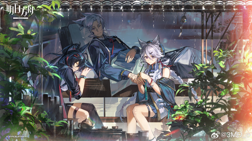 1boy, 2girls, 3mo, animal_ear_fluff, animal_ears, arknights, artist_name, bell