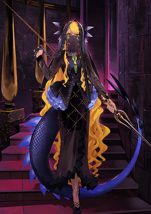 1girl, black_corset, black_shirt, black_shoes, black_veil, blonde_hair, blue_tail, breasts