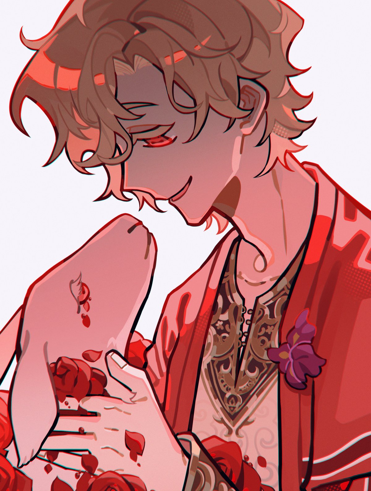 1boy, andrew_kreiss, andrew_kreiss_(epitaph), animal, blonde_hair, capelet, flower, highres