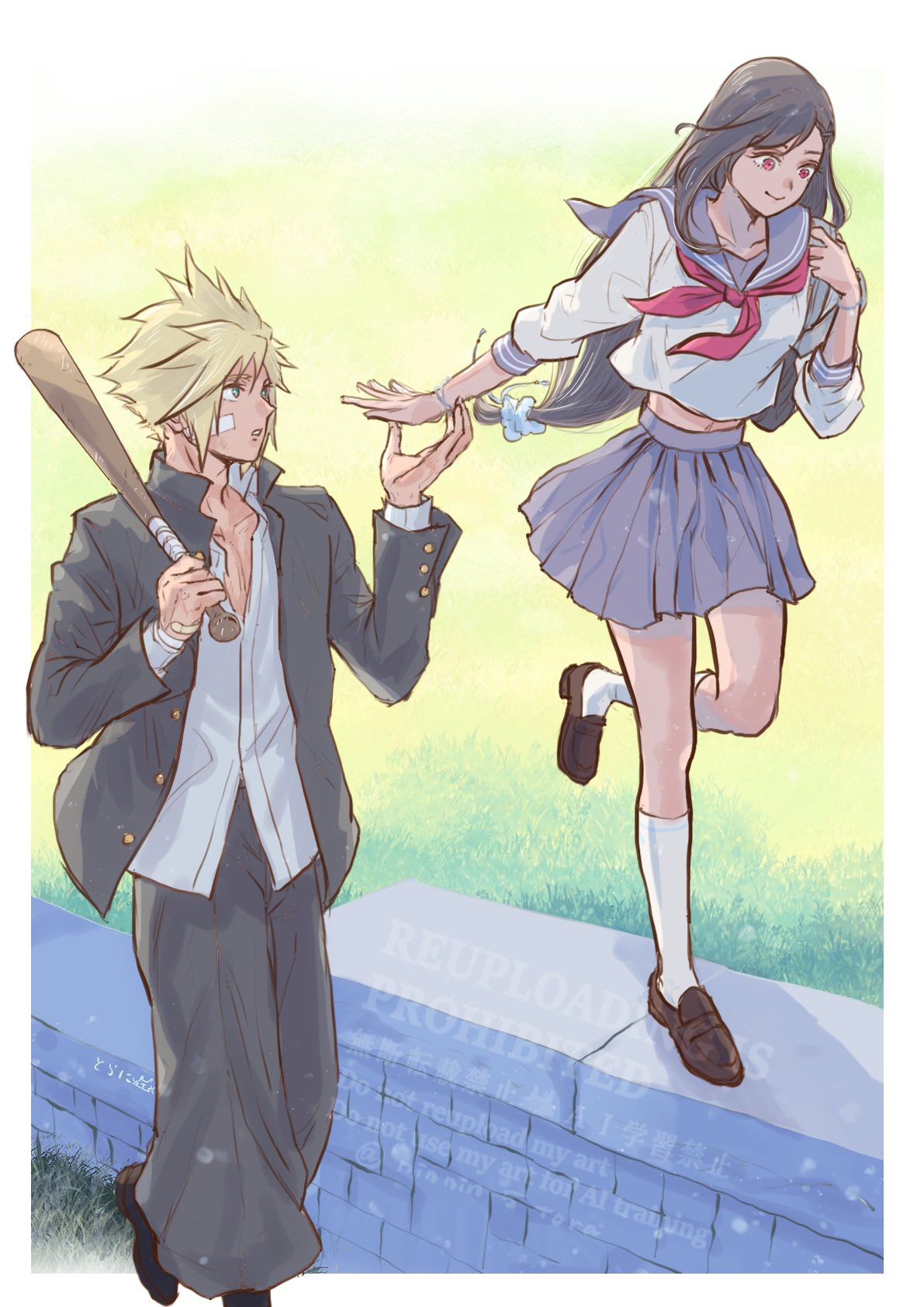 1boy, 1girl, baggy_pants, bandaid, bandaid_on_cheek, bandaid_on_face, baseball_bat, black_hair