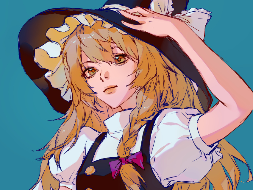 1girl, absurdres, black_hat, black_vest, blonde_hair, blue_background, bow, braid