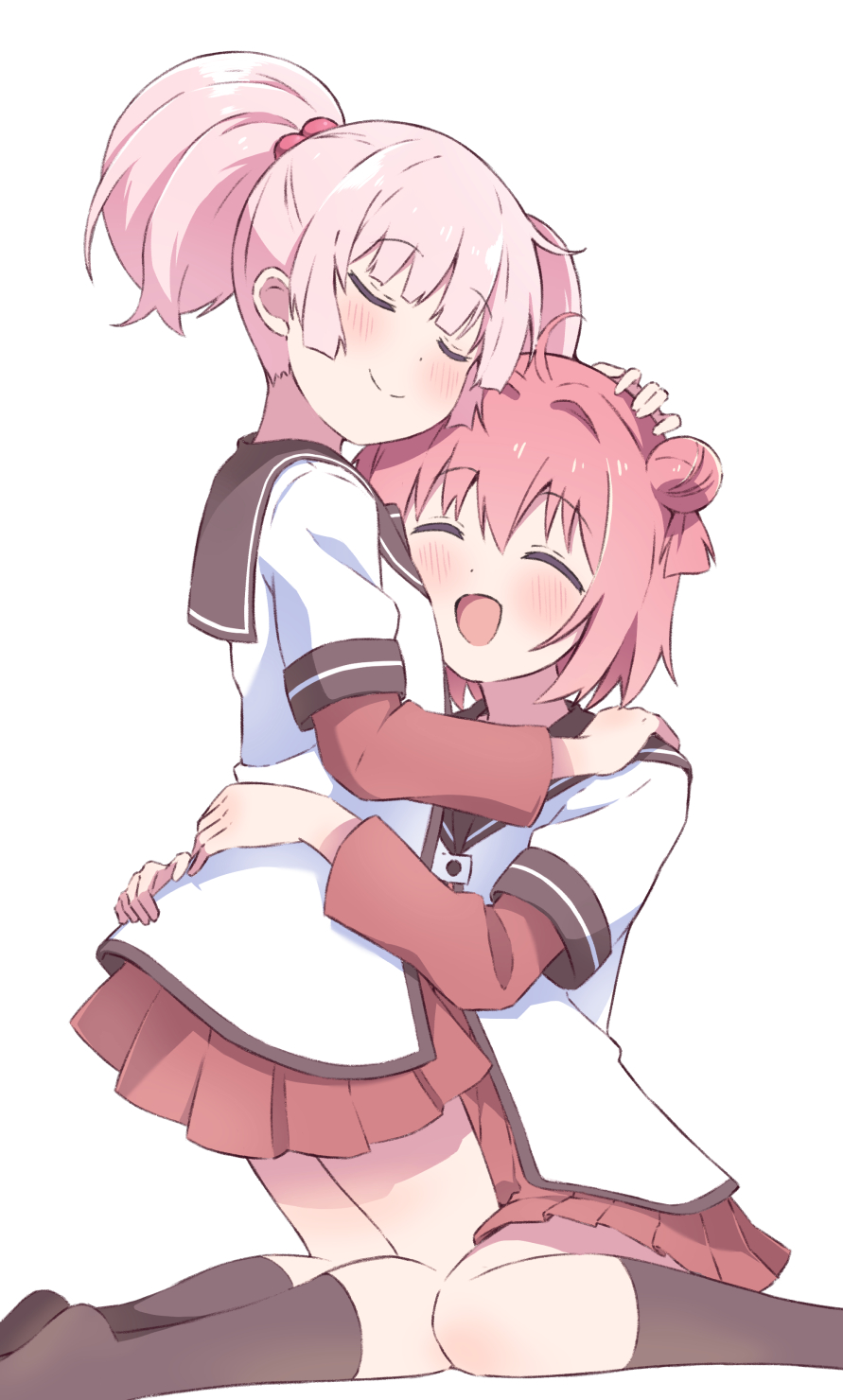 2girls, :d, ahoge, akaza_akari, blush, brown_sailor_collar, brown_socks, buttons