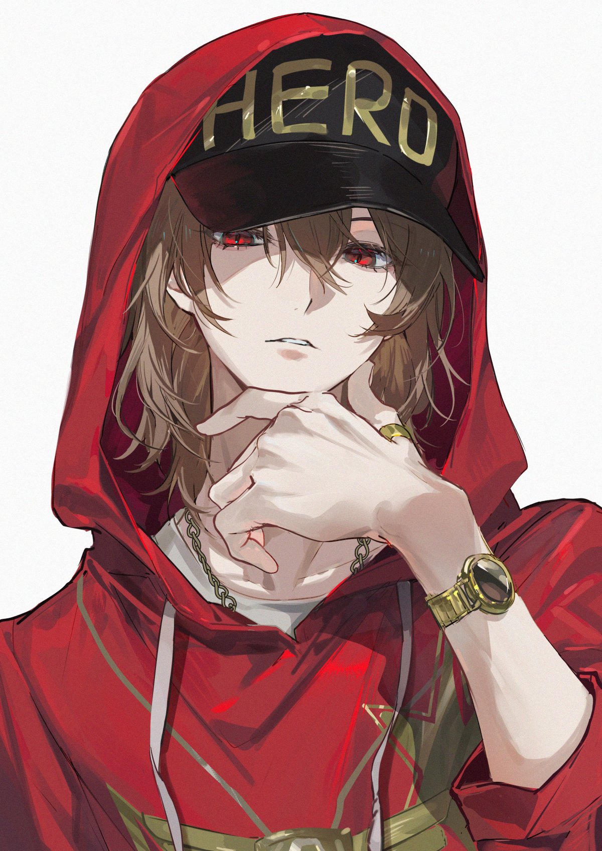1boy, akechi_gorou, baseball_cap, black_hat, bracelet, brown_hair, chain, chain_necklace