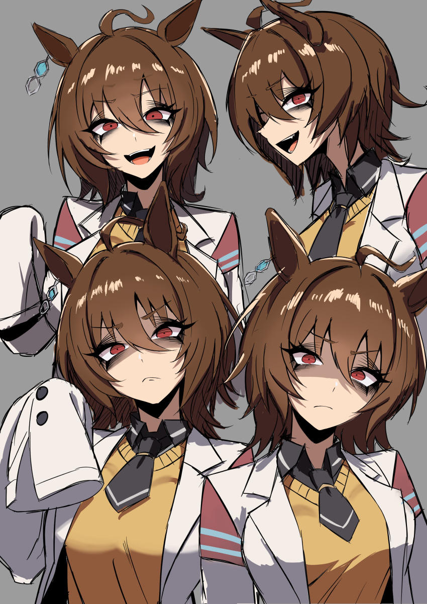 1girl, absurdres, agnes_tachyon_(umamusume), ahoge, bags_under_eyes, black_eyeliner, black_necktie, black_shirt