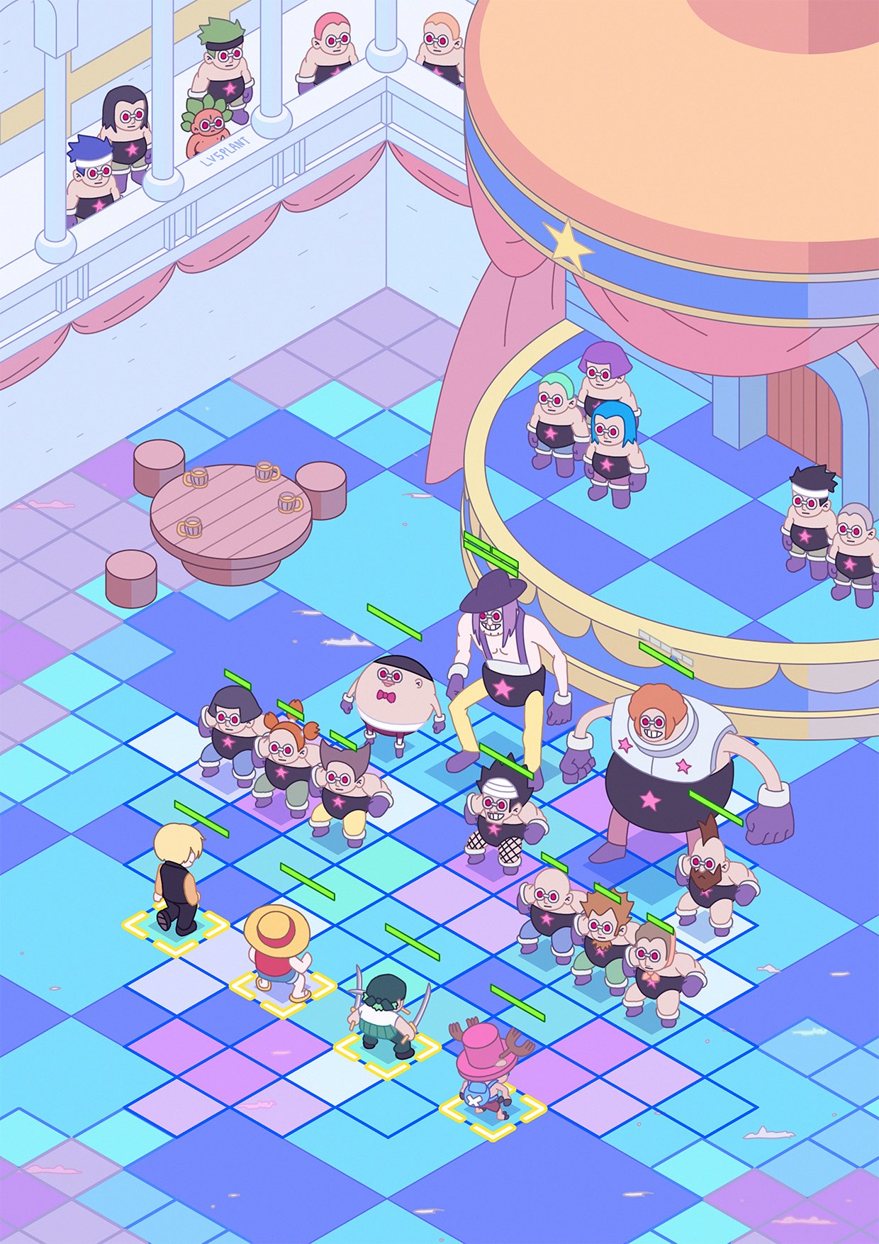 6+boys, antlers, artist_name, bag, bandana, beard, black_vest, blonde_hair, blue_hair, boots, commentary, dago_(one_piece), facial_hair, footbianco, giant, gloves, hat, health_bar, highres, holding, holding_sword, holding_weapon, horns, isometric, kief_(one_piece), kop_(one_piece), long_hair, lv5plant, monkey_d._luffy, multiple_boys, one_piece, orange_shirt, pink_hat, purple_hair, reindeer_antlers, roronoa_zoro, sanji_(one_piece), shirt, short_hair, shoulder_bag, size_difference, straw_hat, sword, tamagon_(one_piece), tony_tony_chopper, vest, weapon