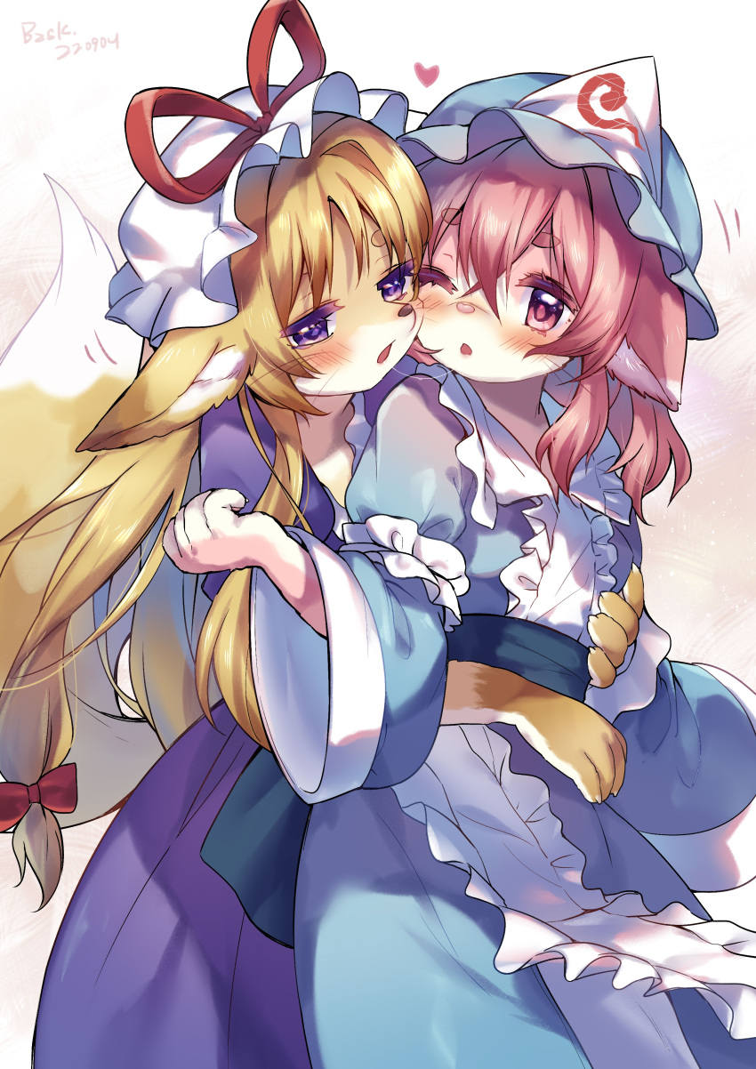 2girls, absurdres, baozishark, black_sash, blonde_hair, blue_dress, blue_hat, blush