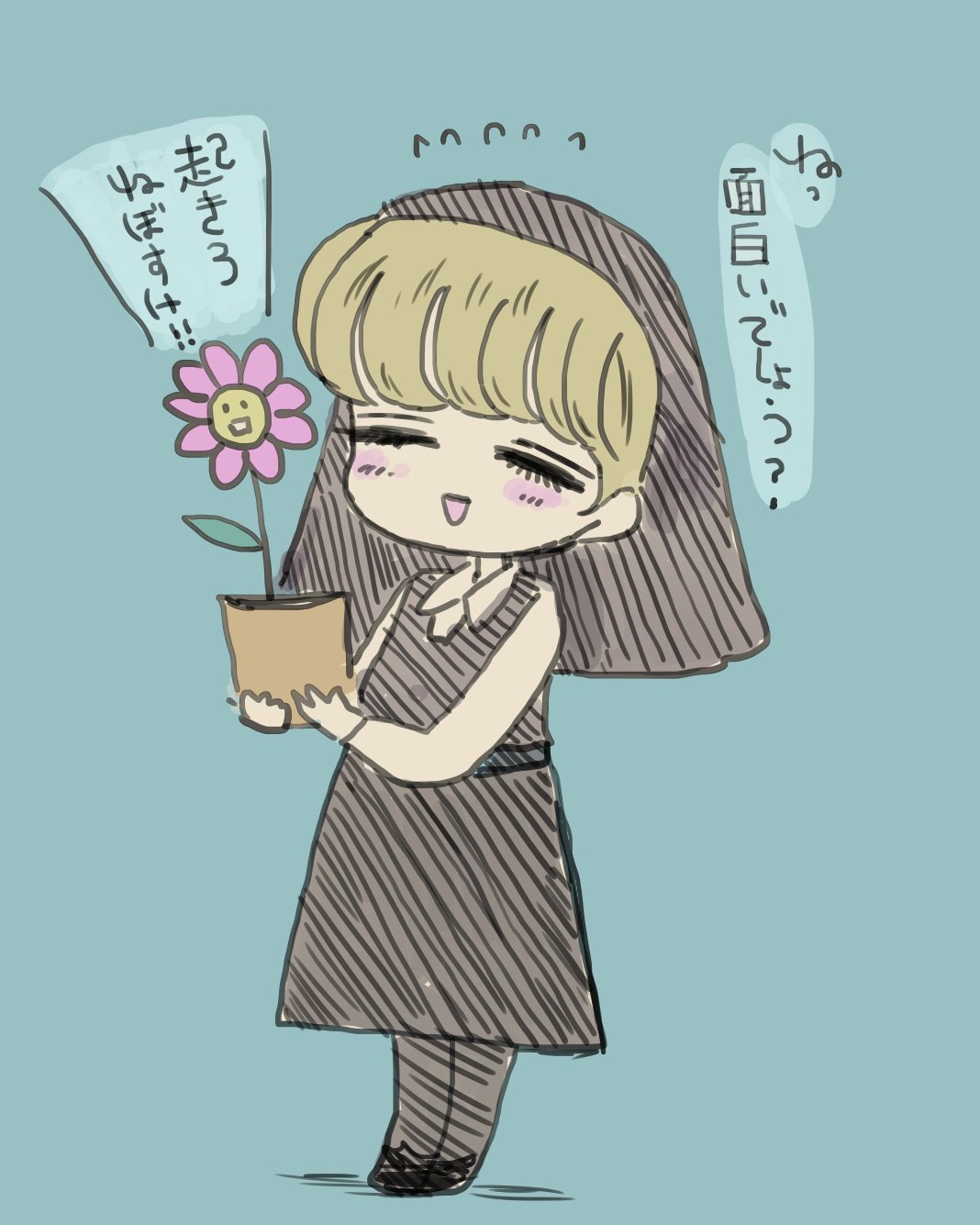 1girl, ^_^, black_dress, black_shoes, blonde_hair, blue_background, blush, chibi