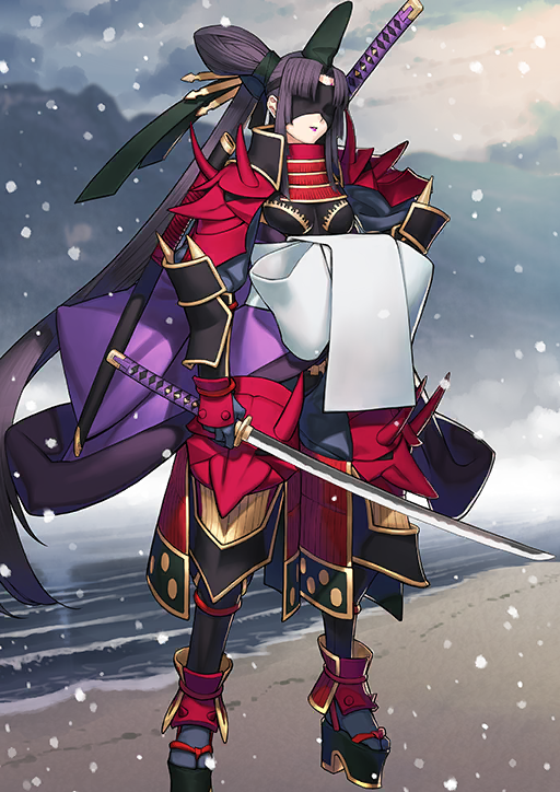 1girl, arm_at_side, armor, azamaru_(fate), back_bow, beach, black_armor, black_blindfold, black_hat, black_ribbon, blindfold, boobplate, bow, breasts, covered_eyes, curtained_hair, fate/grand_order, fate_(series), full_body, game_cg, gloves, grey_gloves, grey_socks, hair_bun, hair_ribbon, hand_on_own_hip, hat, high_side_ponytail, holding, holding_sword, holding_weapon, japanese_armor, japanese_clothes, katana, kote, kurokote, kusazuri, long_hair, manaita_obi, medium_breasts, neck_armor, obi, official_art, okobo, overcast, platform_sandals, purple_hair, purple_lips, red_armor, ribbon, sakamoto_mineji, sandals, sash, sheath, sheathed, shoulder_armor, sidelocks, single_side_bun, sky, snowing, socks, sode, solo, standing, suneate, sword, tabi, taira_no_kagekiyo_(fate), taira_no_kagekiyo_(second_ascension)_(fate), tate_eboshi, third-party_source, unsheathed, ushiwakamaru_(fate), variant_set, very_long_hair, weapon, white_sash