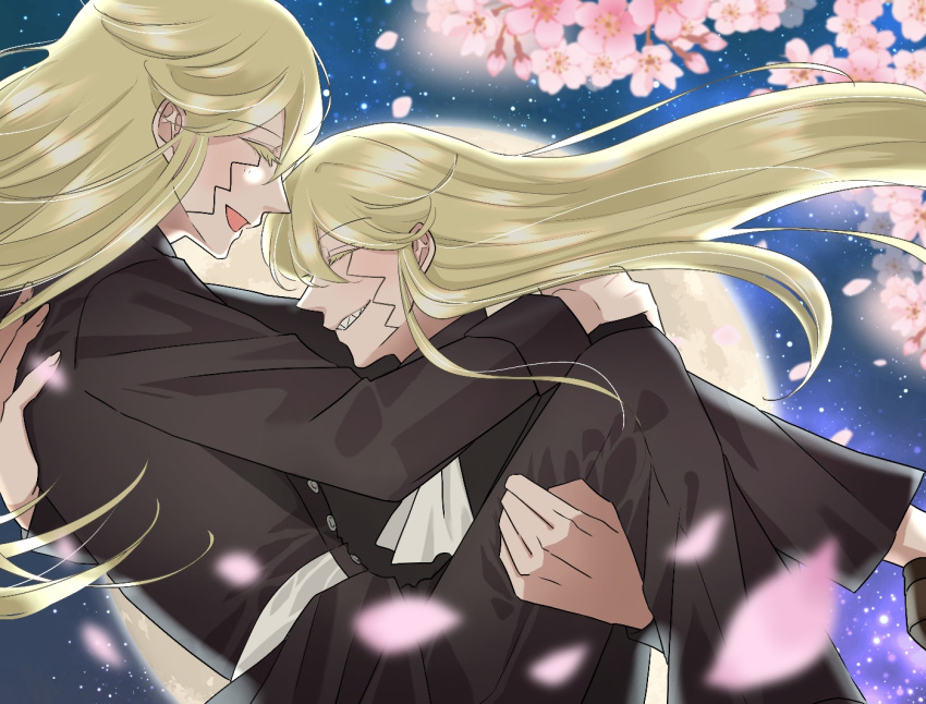 2boys, :d, ascot, black_pants, blonde_hair, carrying, closed_eyes, facing_another