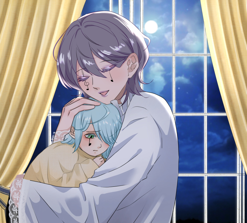 1boy, 1other, :d, aged_down, cello_morceau, closed_eyes, eyeshadow, facial_mark