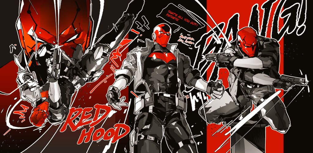 bat_signal, batman_(series), batman_symbol, black_bodysuit, black_gloves, bodysuit, brown_jacket, dc_comics, gloves, grey_bodysuit, guoba7777, jacket, jason_todd, male_focus, mask, muscular, muscular_male, open_clothes, pants, red_hood_(dc), red_hood_and_the_outlaws, red_mask, superhero_costume, taut_bodysuit, two-tone_bodysuit