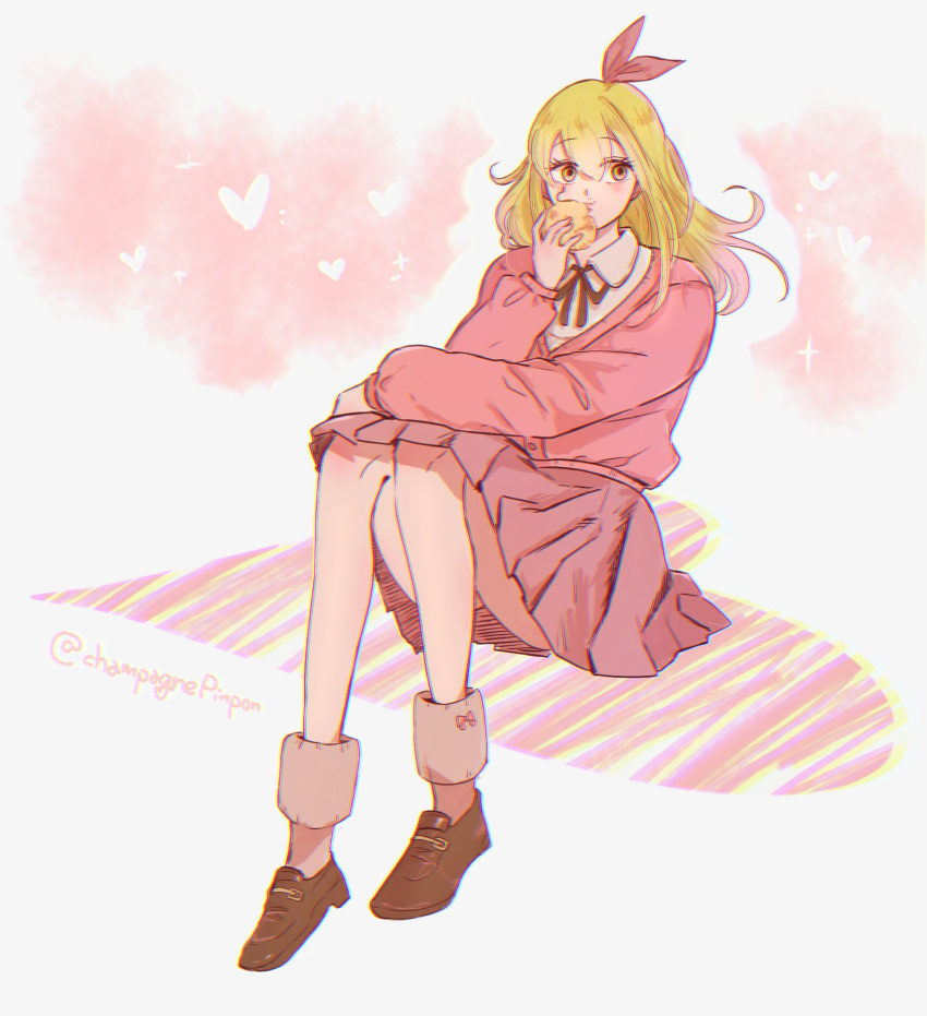 1girl, bow, brown_shoes, cream_puff, eating, food, full_body, hair_bow