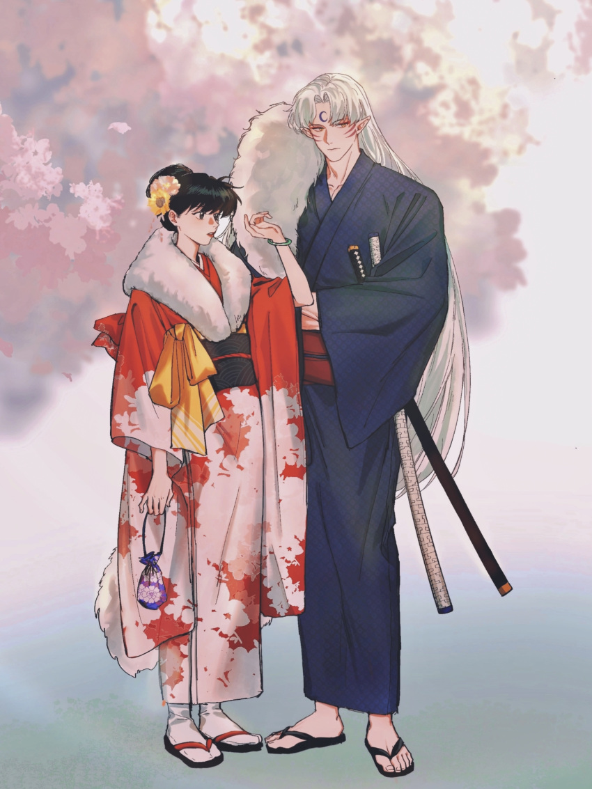 1boy, 1girl, absurdres, amber_december, bakusaiga_(sword), black_hair, blue_kimono, bracelet, cherry_blossoms, commentary, crescent, crescent_facial_mark, facial_mark, flower, forehead_mark, full_body, fur_shawl, hair_bun, hair_flower, hair_ornament, highres, inuyasha, japanese_clothes, jewelry, kimono, lipstick, long_hair, long_sleeves, makeup, pointy_ears, red_lips, red_sash, rin_(inuyasha), sandals, sash, sesshoumaru, shawl, standing, sword, tabi, tenseiga_(sword), weapon, white_hair, wide_sleeves