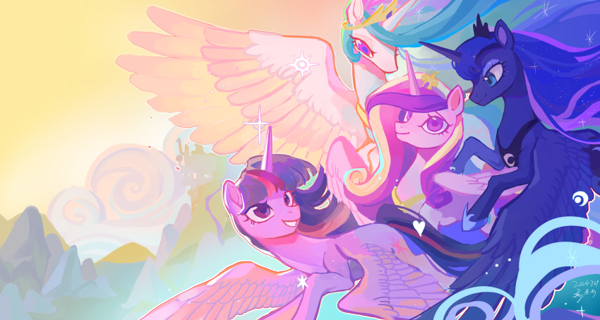 absurdres, animal, animal_focus, aqua_eyes, blue_eyeshadow, blue_hair, chinese_commentary, colorful, commentary_request, eyeshadow, flying, highres, hooves, in-universe_location, jewelry, long_hair, makeup, multicolored_hair, my_little_pony, my_little_pony:_friendship_is_magic, necklace, no_humans, outdoors, pony_(animal), princess, princess_cadance, princess_celestia, princess_luna, purple_hair, shiqiuzhu, siblings, sisters, tiara, twilight_sparkle, unicorn, very_long_hair, violet_eyes, winged_unicorn, wings