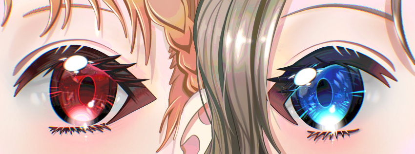 absurdres, alphive, blue_eyes, blush, braid, brown_hair, close-up, grey_hair