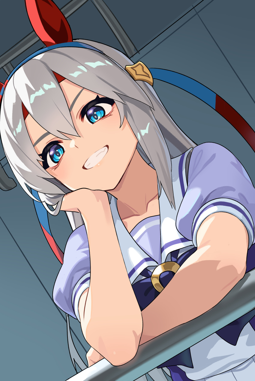 1girl, absurdres, against_railing, animal_ears, blue_eyes, blue_hairband, bow, bowtie