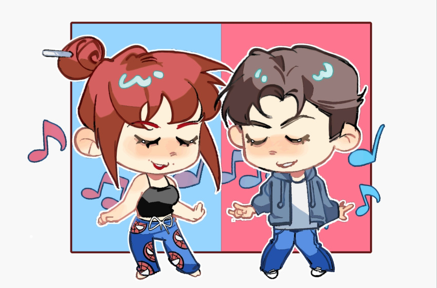 1boy, 1girl, bare_shoulders, barefoot, black_tank_top, blue_background, blue_pants, blush