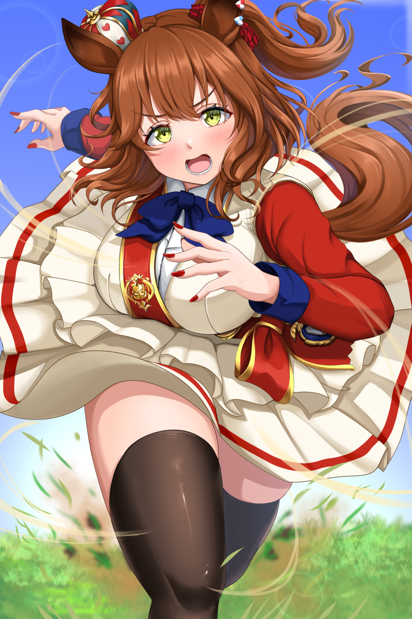 1girl, absurdres, animal_ears, aston_machan_(umamusume), black_thighhighs, breasts, brown_hair, crown