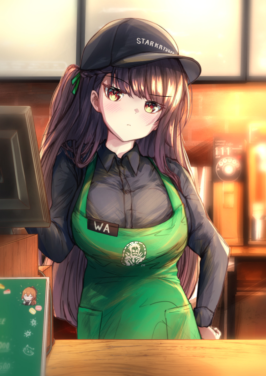 1girl, alternate_costume, alternate_eye_color, apron, baseball_cap, black_hat, black_shirt, blurry, blurry_background, blush, braid, breasts, brown_eyes, cafe, closed_mouth, commentary, e20_(79324944), girls_frontline, green_apron, green_ribbon, hair_ribbon, hand_on_own_hip, hat, highres, id_card, large_breasts, long_hair, long_sleeves, looking_at_viewer, purple_hair, ribbon, shirt, side_ponytail, solo, standing, upper_body, wa2000_(girls'_frontline)