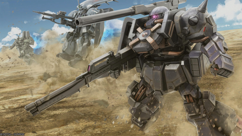 absurdres, advance_of_zeta, artist_request, assault_rifle, battle, beam_cannon, blue_sky, clouds
