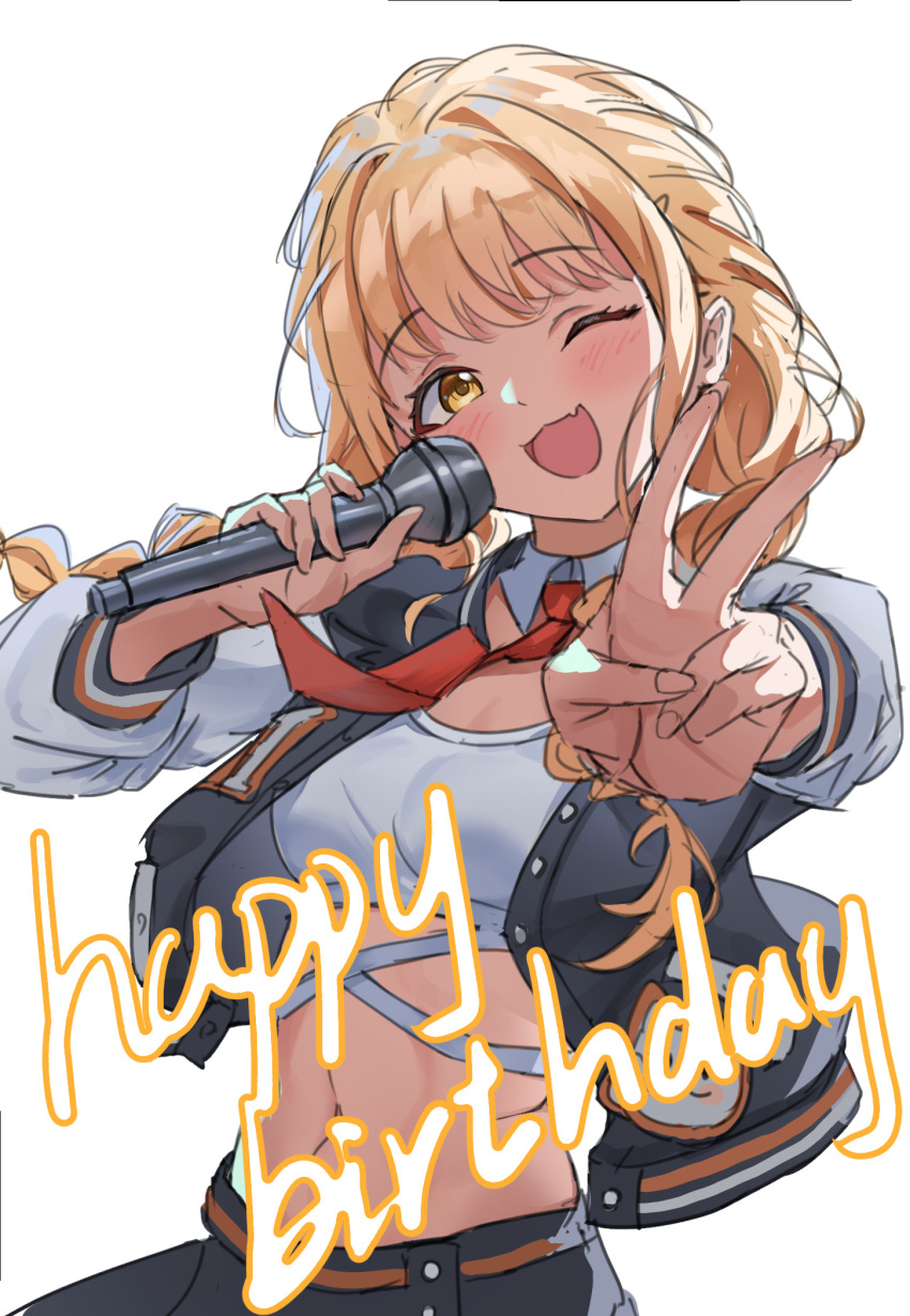 1girl, ;d, blonde_hair, braid, can142857, commentary_request, detached_collar, fang