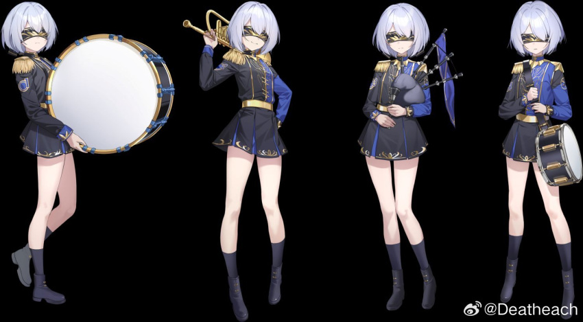 4girls, bagpipes, black_background, black_socks, blindfold, clone, deatheach, drum
