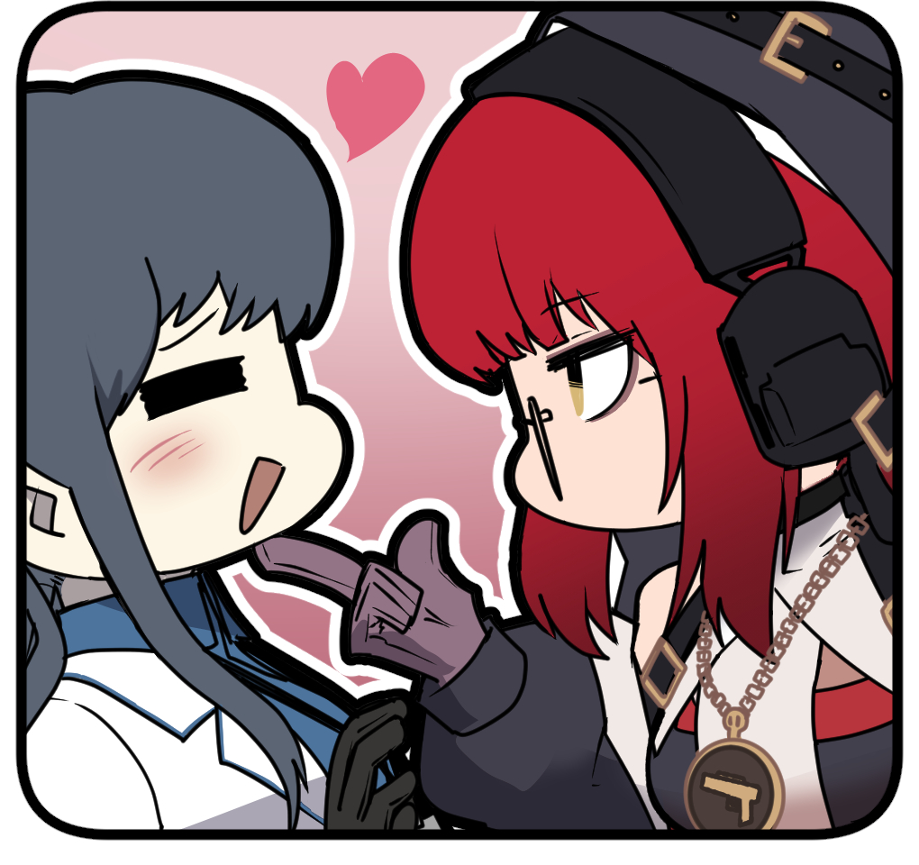 2girls, artist_request, black_hair, blue_shirt, blush, chibi, chibi_only, chinese_commentary