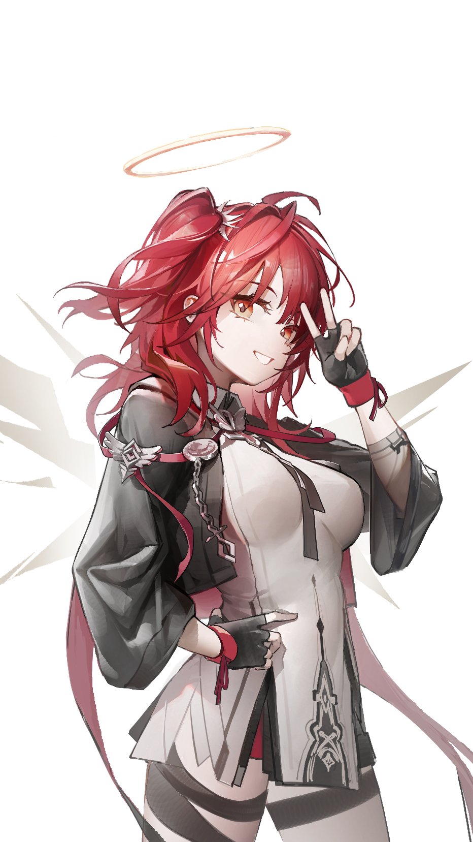 1girl, 9am9i, arknights, black_gloves, black_jacket, breasts, cowboy_shot, detached_wings, dress, exusiai_(arknights), exusiai_the_new_covenant_(arknights), fingerless_gloves, gloves, halo, highres, jacket, long_hair, medium_breasts, orange_eyes, red_hair, simple_background, smile, solo, white_background, white_dress, wings
