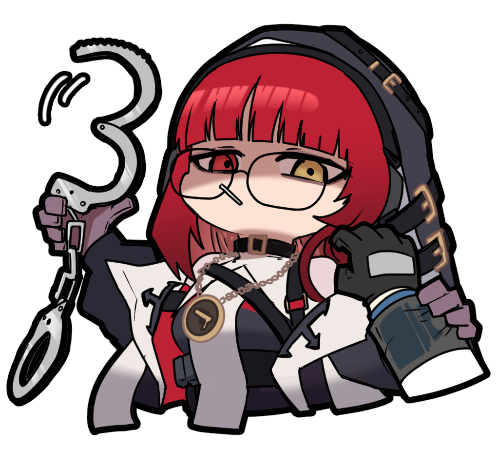 1girl, artist_request, chibi, chibi_only, chinese_commentary, cuffs, erika_(neural_cloud), girls'_frontline_neural_cloud