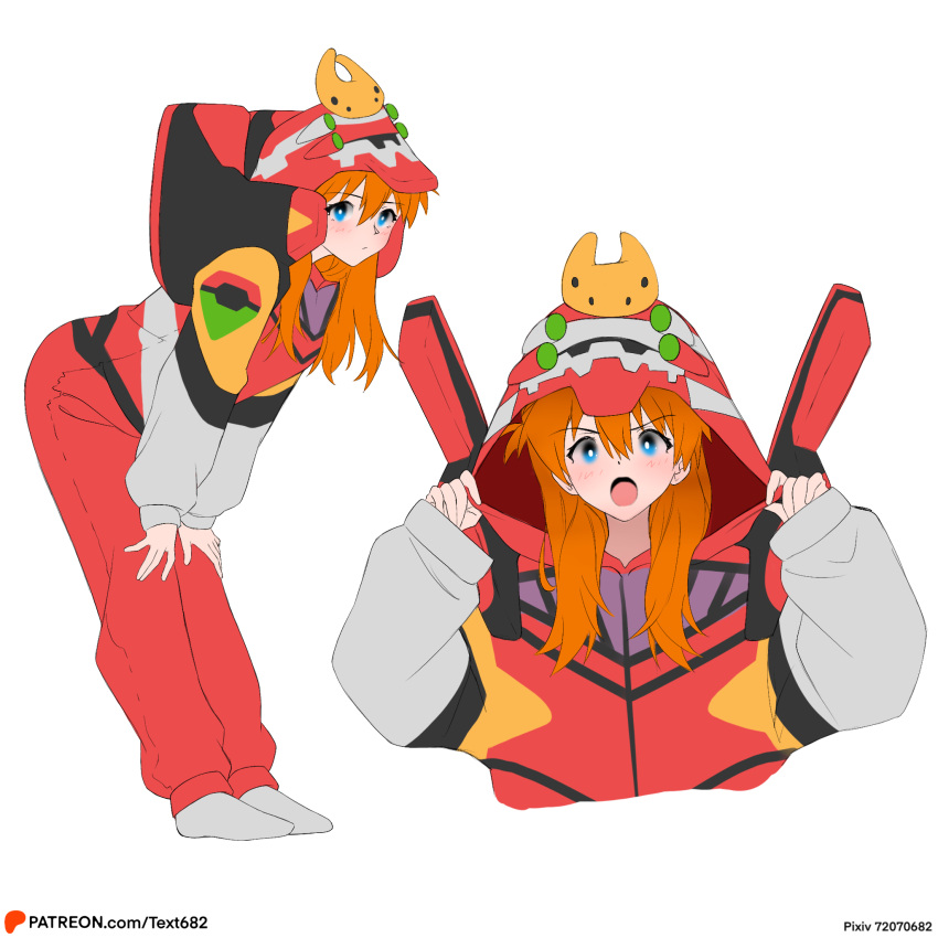 1girl, arms_up, blue_eyes, blush, botttomtext, cosplay, english_text, evangelion_(mecha)