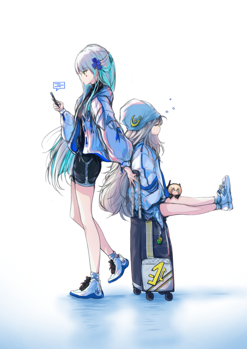 2girls, alternate_costume, bag, bike_shorts, black_shirt, black_shorts, blue_hair, cellphone