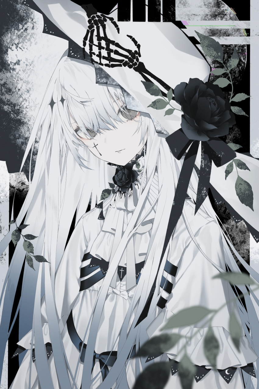 1girl, absurdres, ascot, black_flower, cross, cross_facial_mark, facial_mark, flower