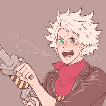 1boy, bandana, black_jacket, blush, classicaloid, flamethrower, green_eyes, holding