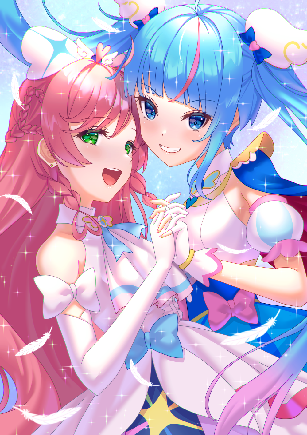 2girls, ascot, blue_bow, blue_cape, blue_dress, blue_eyes, blue_hair, bow