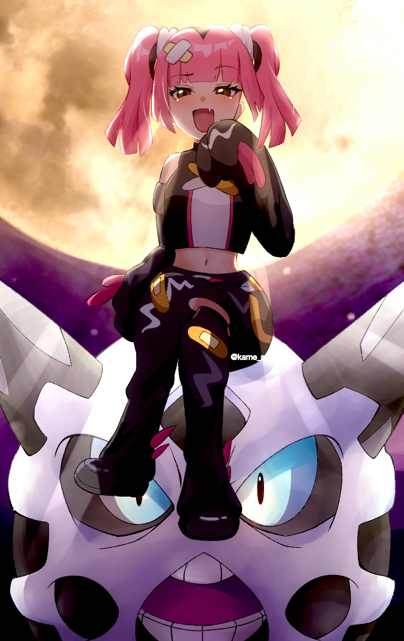 1girl, bandaid, bandaid_hair_ornament, black_hair, blunt_bangs, coral_(pokemon), fang, glalie
