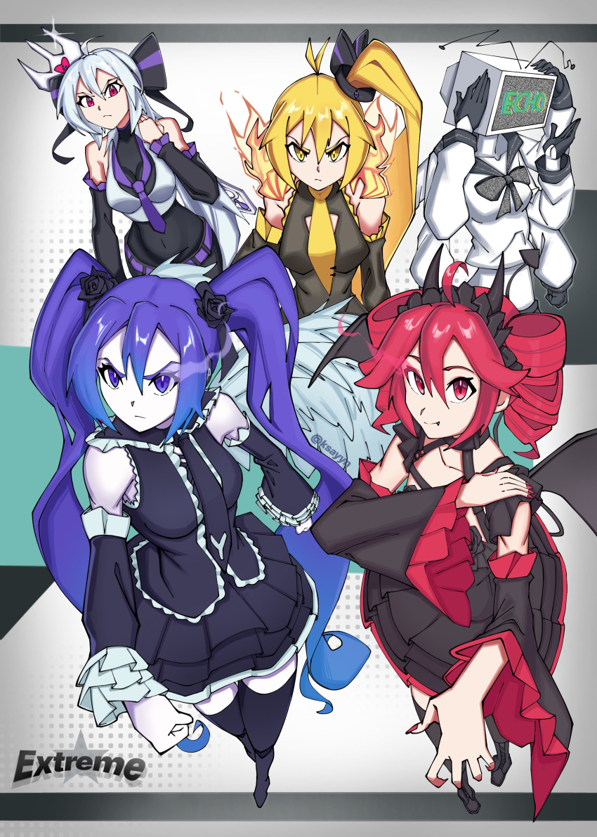 5girls, absurdres, ahoge, akita_neru, alternate_costume, alternate_hair_color, antenna_hair, bat_wings